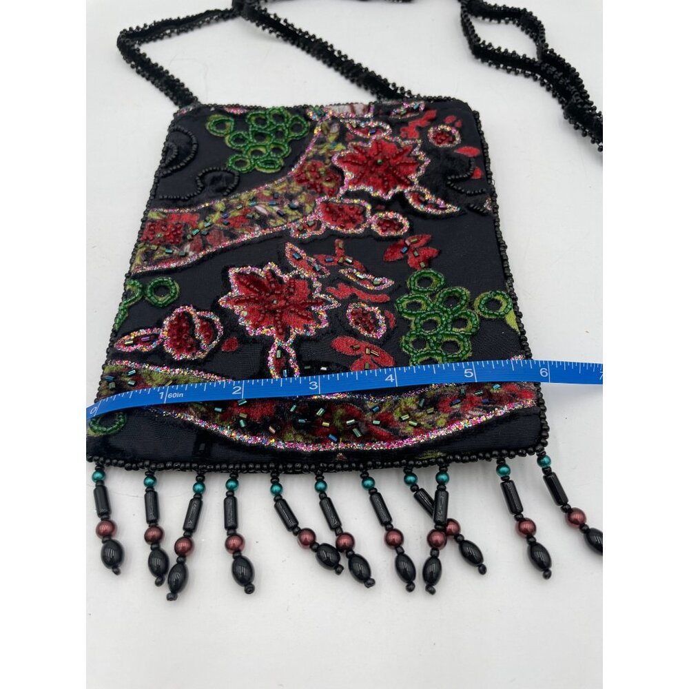 Black Velvet Beaded Crossbody Bag Floral Embroidery Fringe Accents 21" Strap Dro - Picture 4 of 5